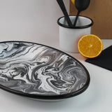 Emaye Siyah Mermer Desen Oval Tabak