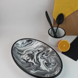 Emaye Siyah Mermer Desen Oval Tabak